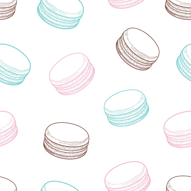 Biscuits Macarons Français Modèle Sans Couture Doodle Décoratif Illustration Vectorielle Dessinés à La Main