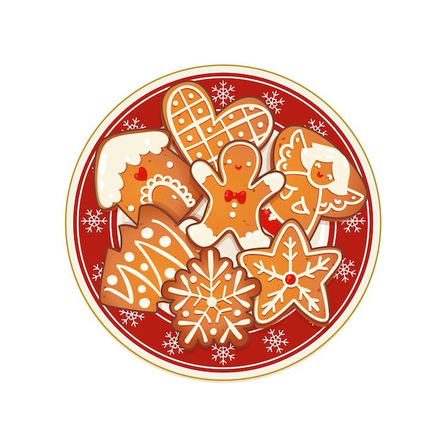 Biscuits De Noël En Pain D'épice Sur Plaque Rouge Avec Des Flocons De Neige. Illustration Vectorielle Vue De Dessus Pour La Conception De Vacances De Nouvel An Et D'hiver.