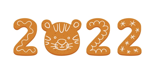 Biscuits de pain d'épice sous forme de numéro 2022 et de tigre Bannière de bonne année 2022