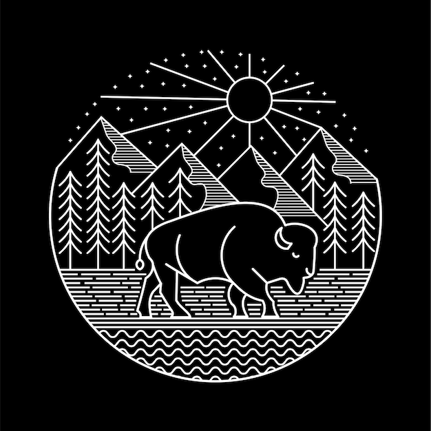 Bison Animal Sauvage Nature Ligne Art Illustration Concept D'aventure