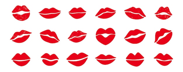Bisous aux lèvres Clipart Bisous à les lèvres Symboles de silhouette dessinés à la main Décor des lèvres rouges Set d'éléments de dessin animé