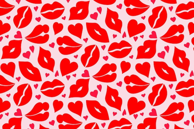 Vecteur bisous, motif pour la saint-valentin. lèvres rouges avec des coeurs