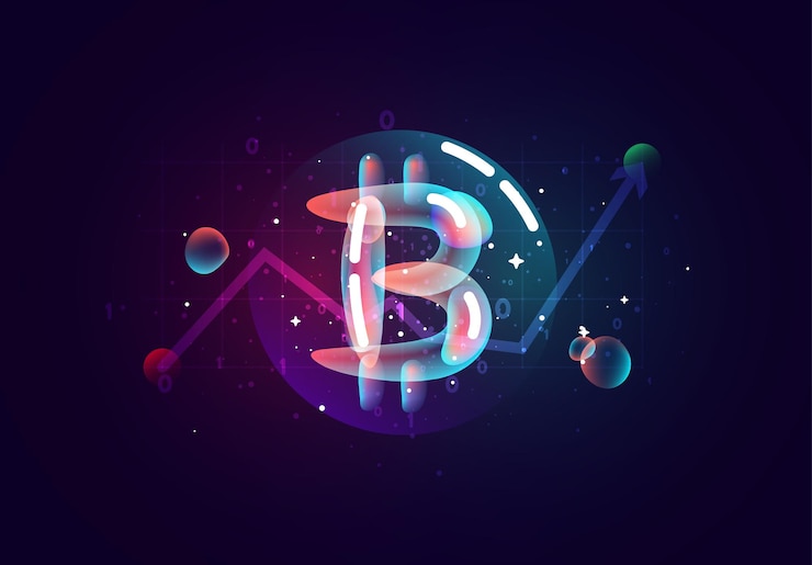 Vecteur bitcoin crypto. conception de la finance électronique du marché de la crypto-monnaie, monnaie de concept d'entreprise. formes abstraites colorées d'éclaboussures de dégradé de fluide. illustration vectorielle