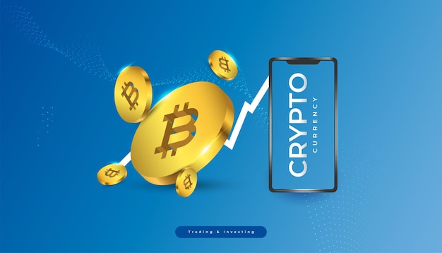 Bitcoin Cryptocurrency avec smartphone et courbe de croissance. Bitcoin Crypto sur mobile. Symbole Bitcoin doré