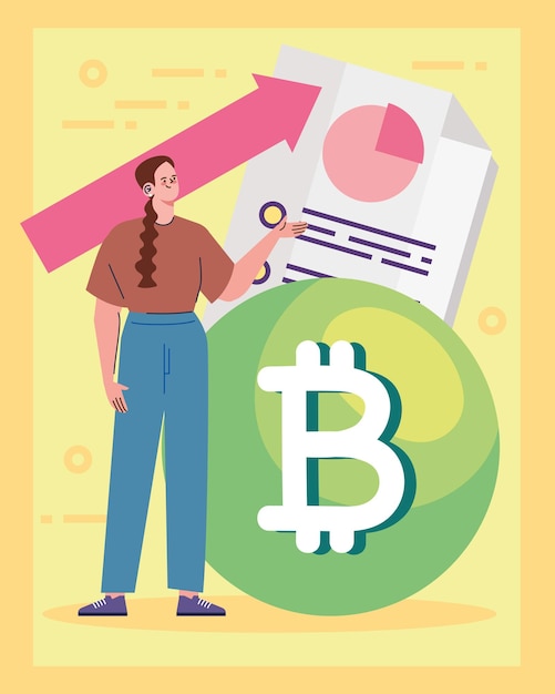 Vecteur bitcoin avec femme et flèche de statistiques