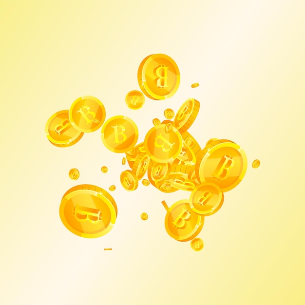 Bitcoin, pièces de monnaie Internet tombant. Pièces de monnaie BTC dispersées vivantes. Crypto-monnaie, monnaie numérique. Magnifique concept de jackpot, de richesse ou de réussite. Illustration vectorielle.