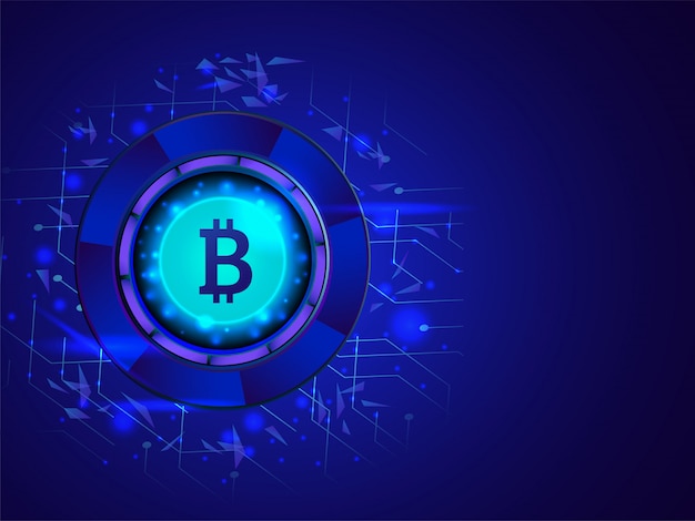 Bitcoin rougeoyant sur fond numérique bleu brillant.