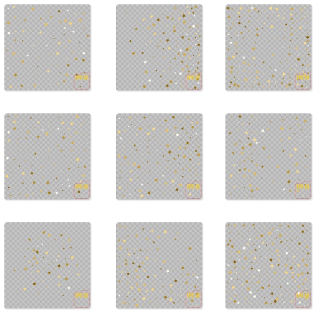 Bits de paillettes dorées de différentes tailles en forme d'étoile sur fond transparent Ensemble d'illustrations vectorielles