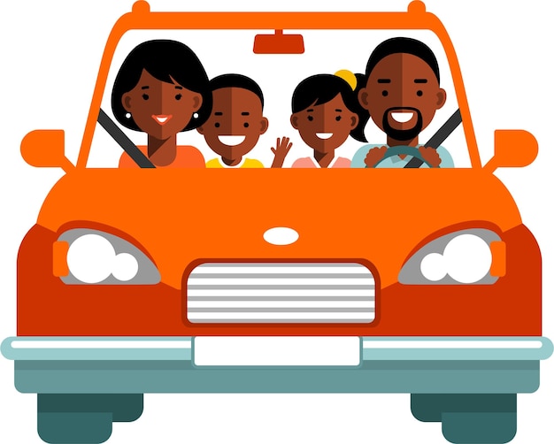 Black African American Family Driving Car Travel in Red Car Front View