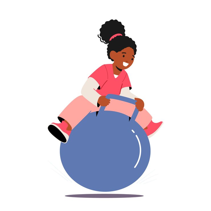 Vecteur black baby jump on fitball funny kid girl jumping on fitness ball little child character amusement fun