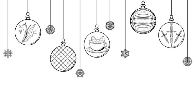 Vecteur black doodle outline simple line abstract maerry christmas xmas balls with snowflakes holiday decora
