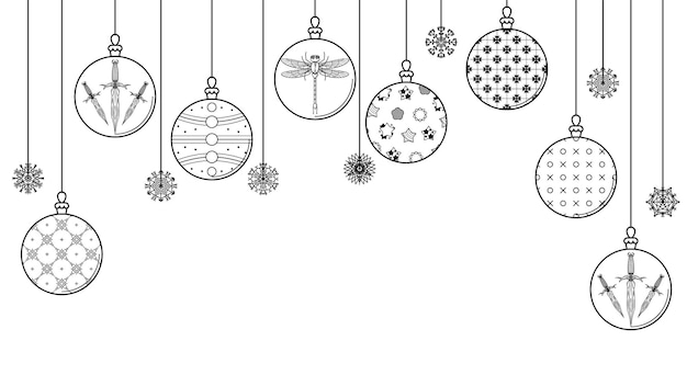 Black Doodle Outline Simple Line Abstract Maerry Christmas Xmas Balls With Snowflakes Holiday Decora