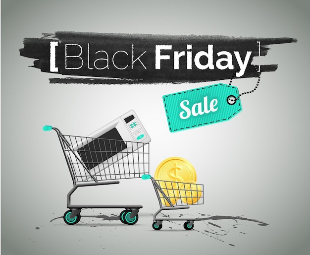 Vecteur black friday, illustration vectorielle de vente d'appareils ménagers. bonnes affaires, offres spéciales et promotions publicitaires. modèle de bannière promotionnelle d'achat à bas prix. four à micro-ondes dans le chariot