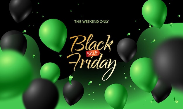 Black Friday Sale bannière élégante avec des ballons noirs et verts avec signe
