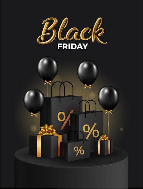 Black Friday Super Sale Boîtes-cadeaux noires réalistes et sac à provisions sur podium noir
