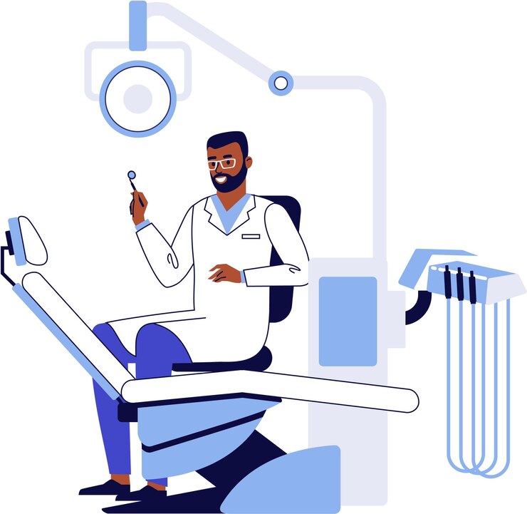 Vecteur black male doctor dentist sitting in dental office