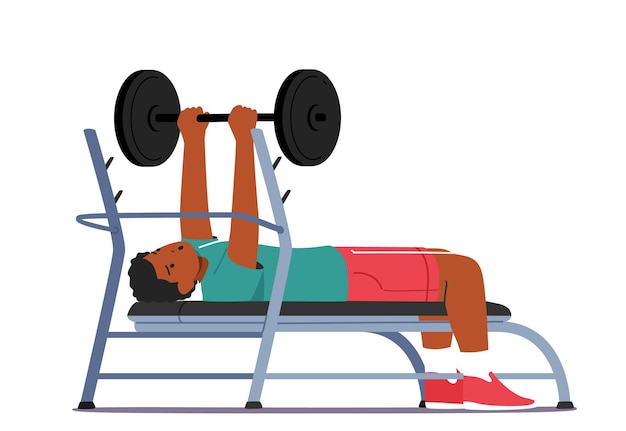 Black Man Workout with Barbell Lying on Bench Sportsman Powerlifter Personnage Masculin Sportswear Exercice avec Poids