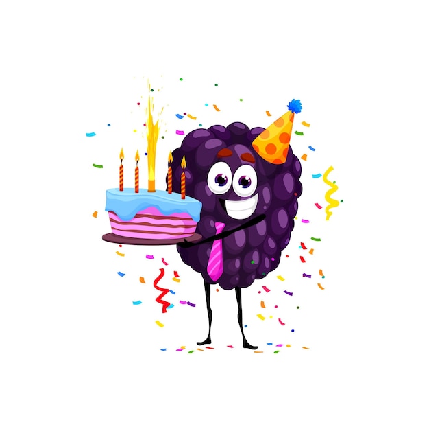 Vecteur blackberry personnage de dessin animé anniversaire vacances vacances enfants célébration de vacances baies mûres mignon mascotte enfant fête d'anniversaire ou événement blackberry vecteur isolé personnage drôle avec gâteau