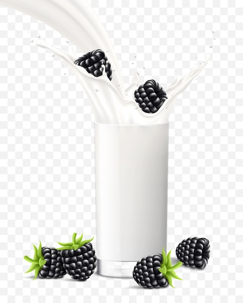 Blackberry Tombant Dans Un Verre De Lait Ou De Yaourt Milkshake Aux Fruits Bannière Publicitaire Yaourt Jet Volant Gouttes Boisson Blanche Dans Une Tasse En Verre Vecteur 3d Réaliste Isolé Sur Fond Transparent