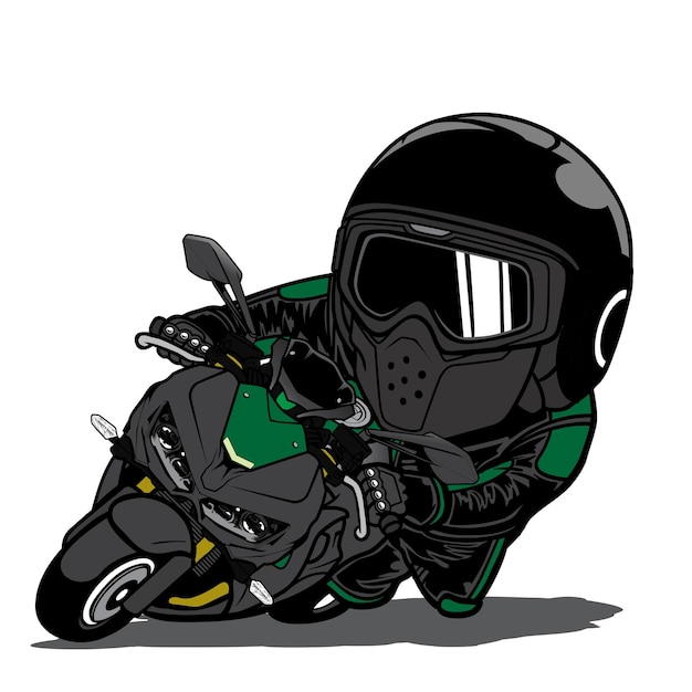 Vecteur blackgreen racer riding sport moto en tête dans la courbe avec vitesse cartoon mascot