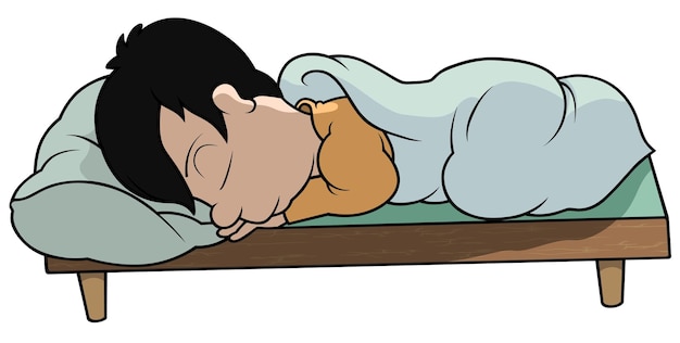 Blackhaired Boy Sleeping In Bed Comme Illustration De Dessin Animé En Couleur