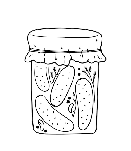 Blancs De Bocal En Verre Cornichons Marinés En Conserve Avec Aneth Et Ail Doodle Coloriage De Dessin Animé Linéaire