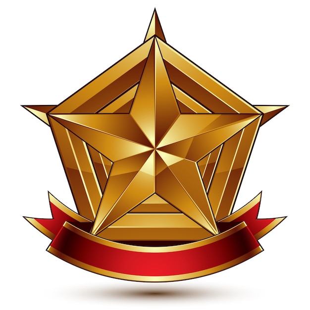 Blason héraldique doré 3d avec étoile pentagonale brillante, idéal pour le web et la conception graphique, vecteur EPS 8 clair. Armoiries décoratives avec ruban ondulé rouge, symbole de défense.