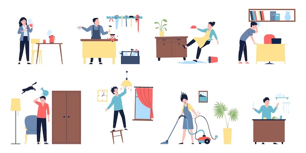 Blessures à la maison Accidents domestiques Brûlures et chocs électriques Adultes effectuant des tâches ménagères et ayant des problèmes Attention aux soins de santé Scènes vectorielles récentes