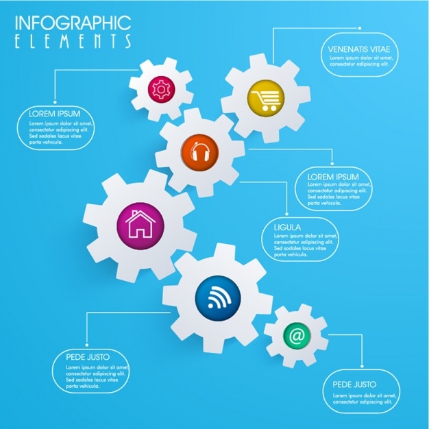 Bleu Infographique Avec Des Engrenages Gris Et Cercles Colorés