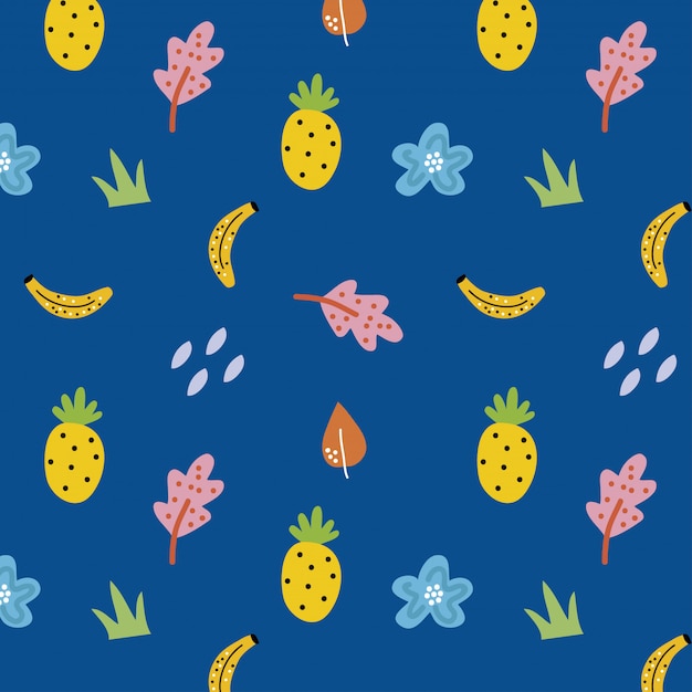 Bleu Modèle Sans Couture Avec Des Fruits Et Des Fleurs