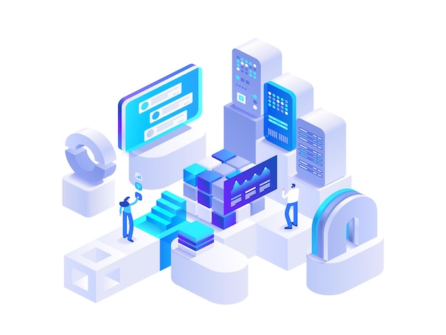 Blockchain technologie concept isométrique argent numérique monnaie ferme minière avec racks de serveur personnes travaillant sur des outils financiers d'entreprise crypto illustration de caractère vectoriel dans la conception isométrie