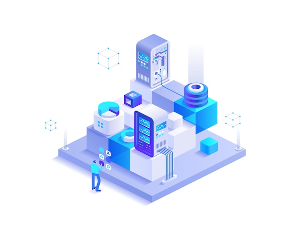 Blockchain technologie minière concept abstrait isométrique homme travaillant dans une ferme minière d'argent numérique avec des racks de serveurs investissement et outils financiers illustration de caractère vectoriel dans la conception isométrique