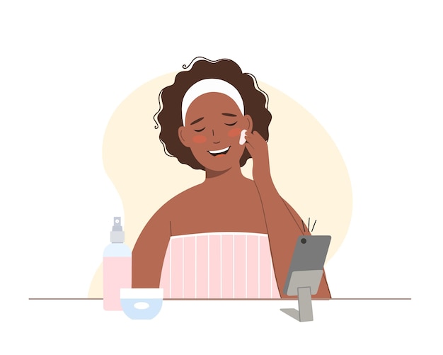 Vecteur une blogueuse beauté afro-américaine enregistre une masterclass pour la partager sur les réseaux sociaux