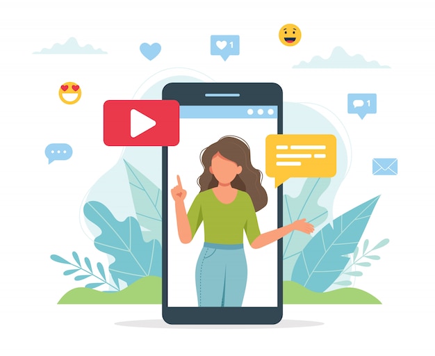 Blogueuse vidéo féminine sur l'écran du smartphone.