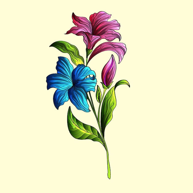Blue Beautiful Lily Flat Vector Branche De Lys Et Feuilles Carte Postale Florale Dessin Animé D'éléments De Mariage