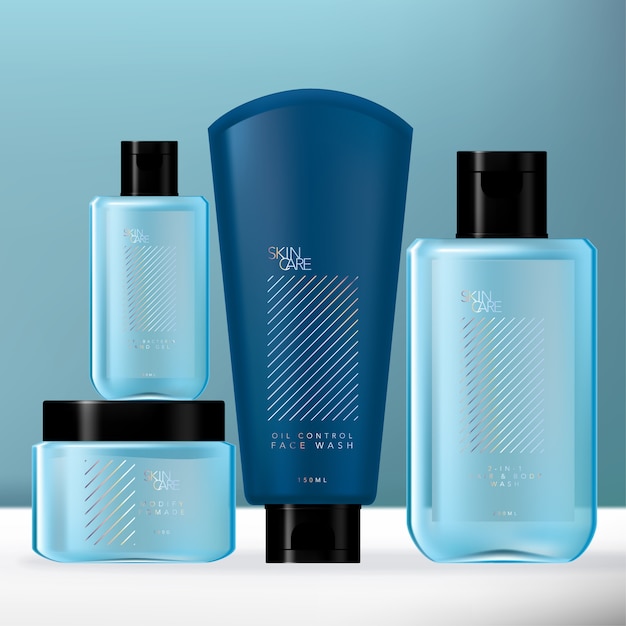 Blue & Holographic Men Toiletries Packaging Set With Hand Sanitizer Bottle, Body Wash Bottle, Pomade Jar & Lotion Tube.