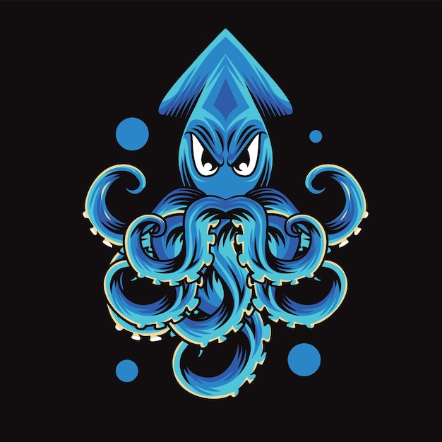 Blue Squid Illustration Isolé Sur Noir
