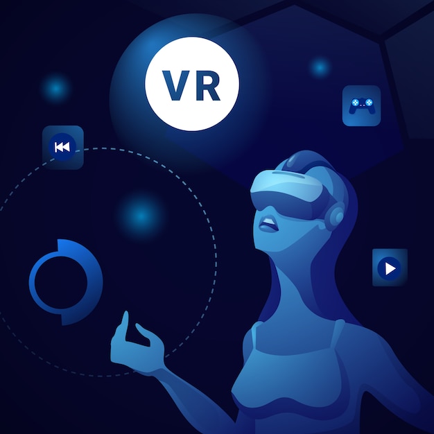 Vecteur bnnaer de réalité virtuelle avec une femme portant des lunettes vr ou des lunettes de jeu