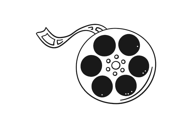 Vecteur bobine et bande de cinéma dessinées à la main. bobine de film avec rayure dans le style doodle. illustration vectorielle isolée sur fond blanc. noir et tout.