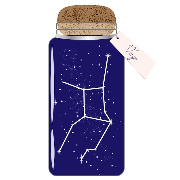 Vecteur bocal en verre avec constellations du zodiaque vierge sur le ciel nocturne collecter le moment bocal avec horoscope