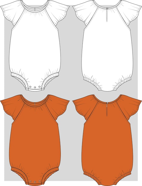 Vecteur body pour filles avec manches à volants croquis plat devant dos