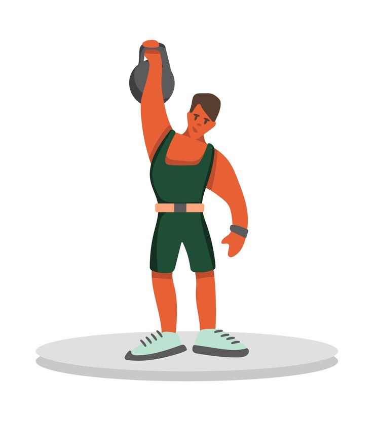 Un bodybuilder masculin de dessin animé fort soulève des haltères dans la salle de gym Temps pour lancer du javelot Processus de réalisation d'exercices sportifs Mode de vie actif et sain