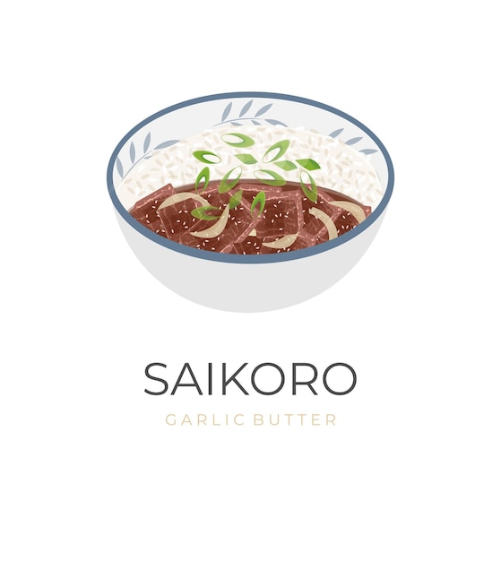 Boeuf Saikoro Ail Beurre Vector Illustration Logo Dans Un Bol Complet Avec Du Riz