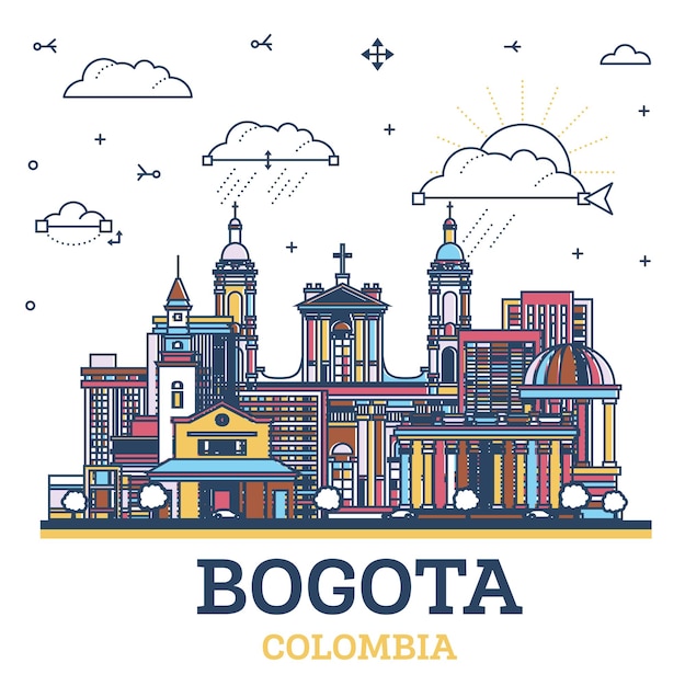 Vecteur bogota, colombie l'horizon de la ville avec des bâtiments historiques colorés isolés sur une illustration blanche le paysage urbain de bogota avec des monuments