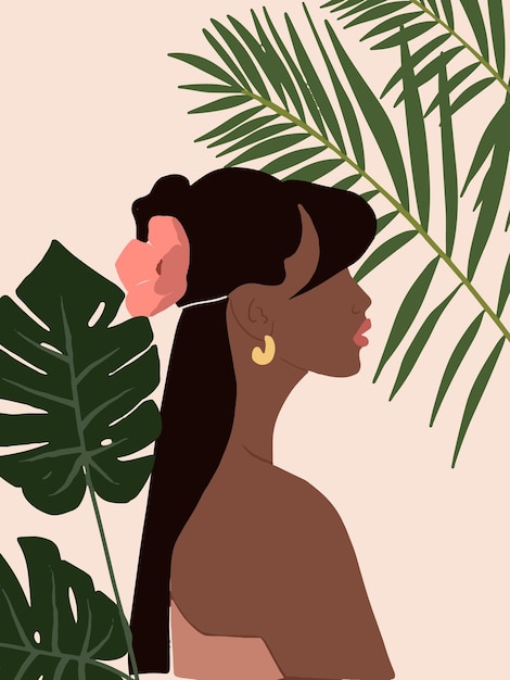 boho couverture peinte à la main avec branche de palmier tropical monstera et profil de portrait de femme noire