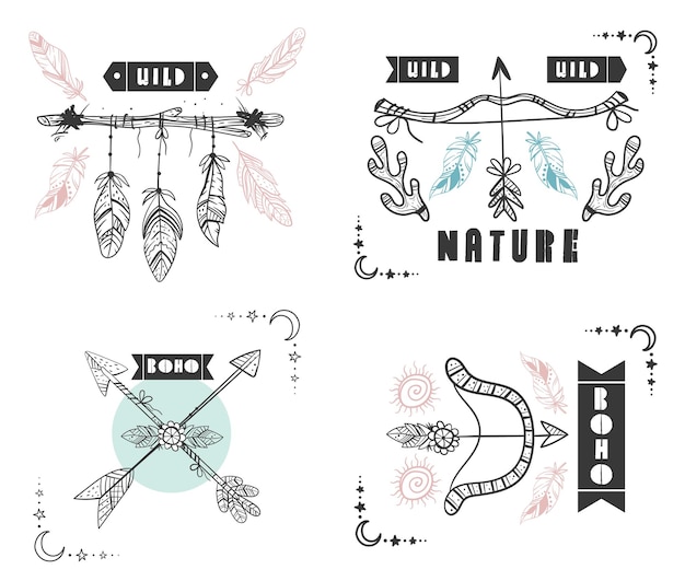 Boho croquis dessinés à la main contour floral isolé ensemble illustration de conception graphique
