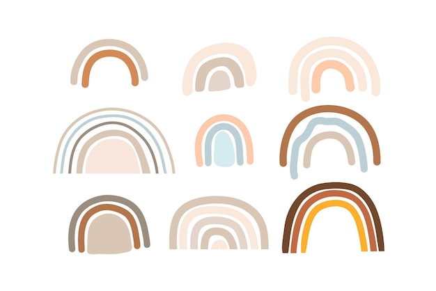 Boho plat Divers arcs-en-ciel. Style de dessin pour enfants. Différents ornements. Style scandinave enfantin. Conception plate. Ensemble de vecteurs colorés dessinés à la main. Illustration tendance moderne. Tous les éléments sont isolés