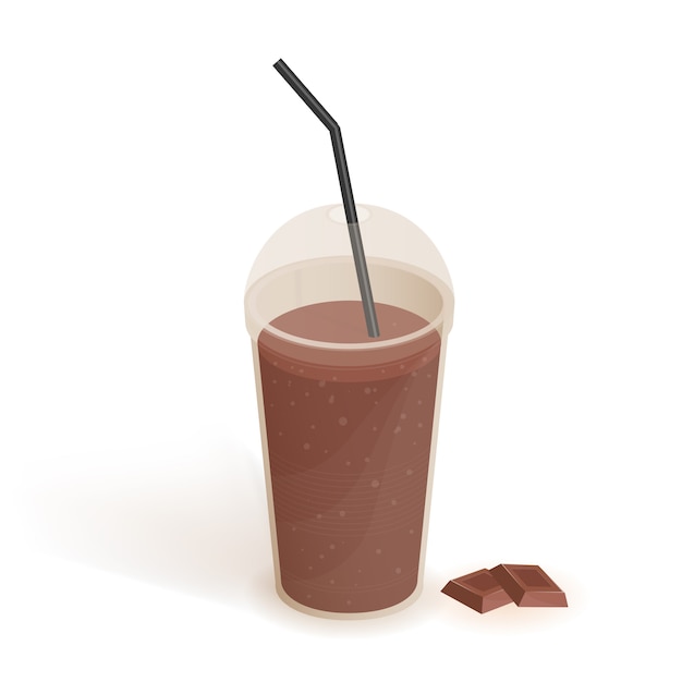 Boire Dans Un Gobelet En Plastique Transparent Avec Couvercle Et Paille. Smoothie Au Chocolat. Boisson, Illustration Réaliste Sur Fond Blanc.