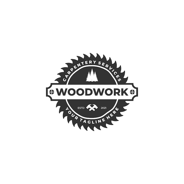 Boiserie vintage logo insigne modèle vector illustration design marteau bois et scie logo