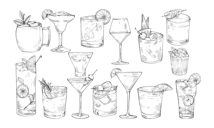Vecteur boisson à cocktail gravure d'illustration dessinée à la main